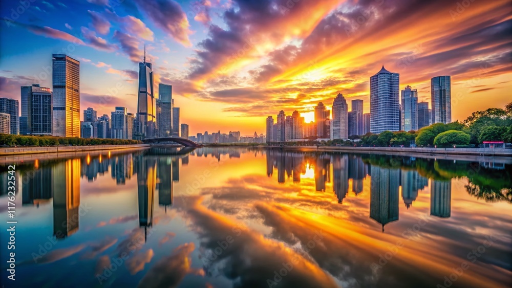 Fototapeta premium Futuristic City Sunset Skyline Reflection River Urban Exploration Photography