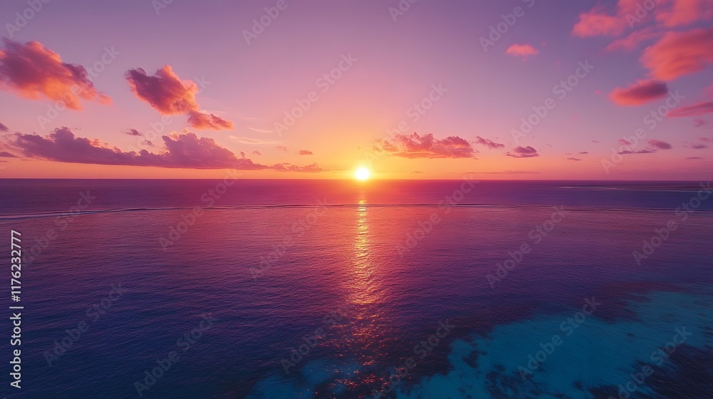 From a high-angle view, stunning, vibrant colors of a sun setting over the South Pacific Ocean create a breathtaking panorama From a high-angle view, stunning, vibrant colors of a sun setting over the South Pacific Ocean create a breathtaking panorama