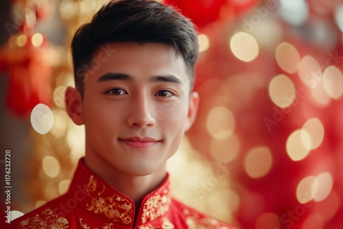 a young man wearing a red and gold jacket with a red ball in the background.