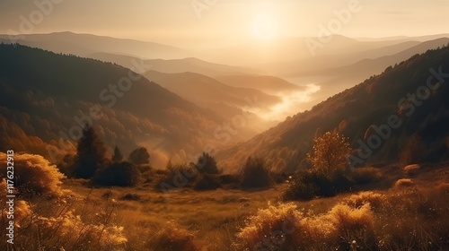 Golden Sunrise Over Misty Mountain Valley