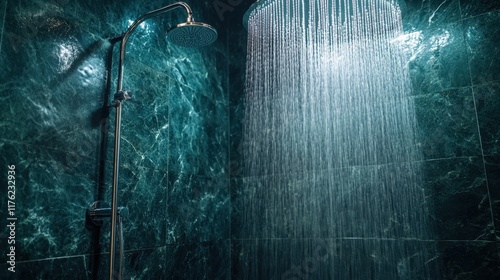 A shower with a gold shower head and water pouring down photo