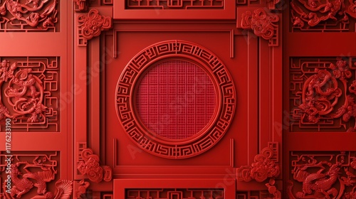 Wooden window in red wall with traditional Chinese style Interior view