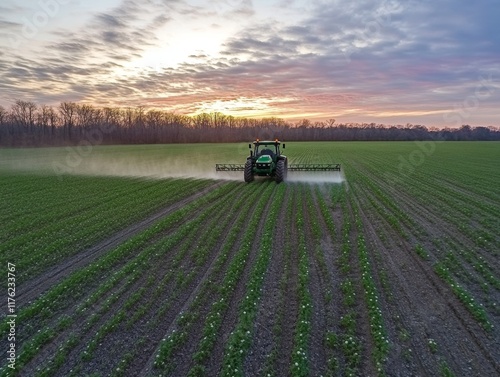 Tractor spraying pesticides fertilizer on soybean crops farm field in spring evening.  - ai photo