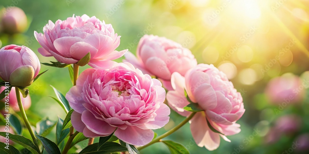Obraz premium A delicate pink peony flower arrangement with soft greenery and subtle sunlight filtering through the petals