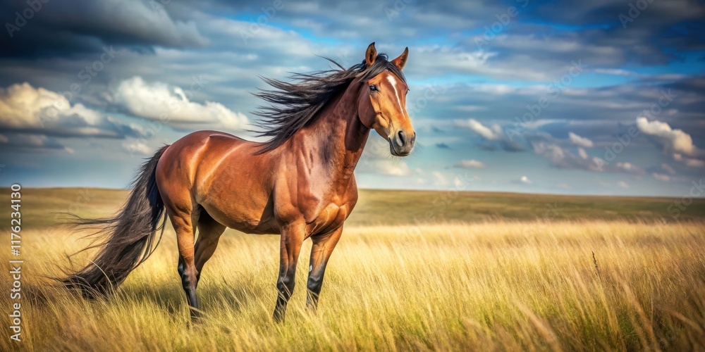 A majestic brown horse stands alone in a vast open field with a gentle breeze rustling its mane and tail, solitude A majestic brown horse stands alone in a vast open field with a gentle breeze rustling its mane and tail, solitude