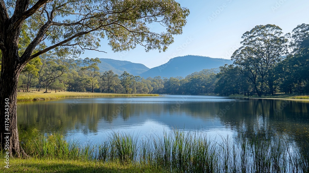 Obraz premium Serene lake reflecting mountains under a clear sky.
