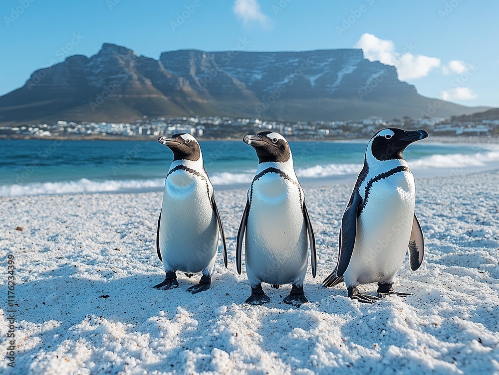 Obraz premium Three penguins standing on a sandy beach with a mountainous backdrop and ocean waves.