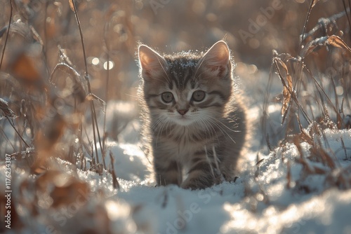 Adorable tabby kitten in snowy field, winter sun. Perfect for pet, winter, or nature themed projects.