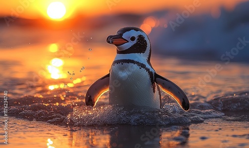 A penguin wades through the ocean at sunset, creating a serene and picturesque scene. photo