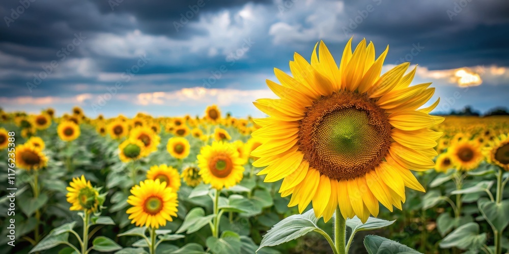 Bright yellow sunflowers standing alone in a field on a cloudy day , foliage, field, foliage, field, rural Bright yellow sunflowers standing alone in a field on a cloudy day , foliage, field, foliage, field, rural