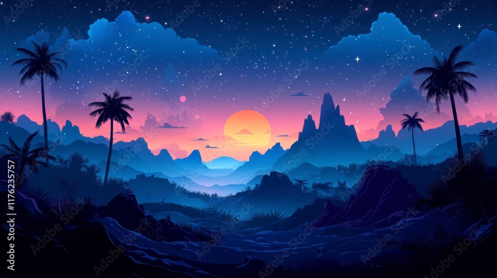 Naklejka premium Vibrant sunset over tropical mountains and palm trees under a starry sky.