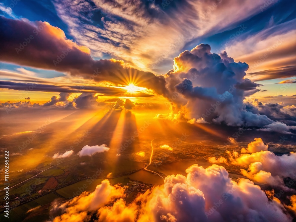 Fototapeta premium Golden Sunset Cloudscape: Breathtaking Aerial Macro View