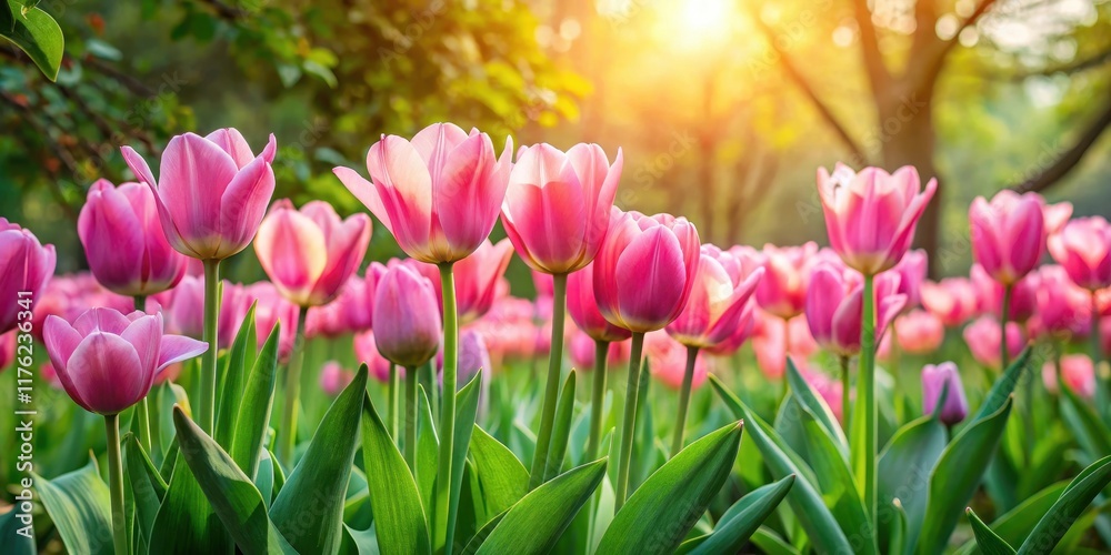 Fototapeta premium Colorful pink tulips blooming in a lush garden with tall greenery and soft sunlight filtering through leaves, spring blooms, garden scenery