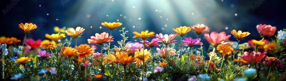Fototapeta premium Colorful Meadow of Wildflowers in Bright Sunlight with Soft Rays Illuminating Nature's Beauty and Vibrant Flora Under a Clear Blue Sky