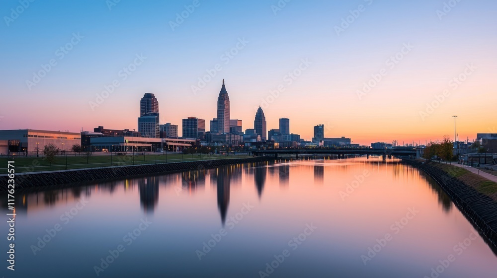 City skyline at dusk reflecting on a calm river. City skyline at dusk reflecting on a calm river.