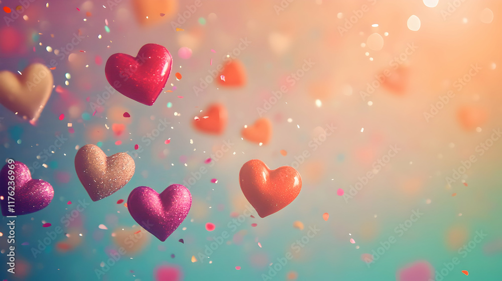 Colorful hearts floating in a dreamy background, creating a romantic and festive atmosphere. Colorful hearts floating in a dreamy background, creating a romantic and festive atmosphere.