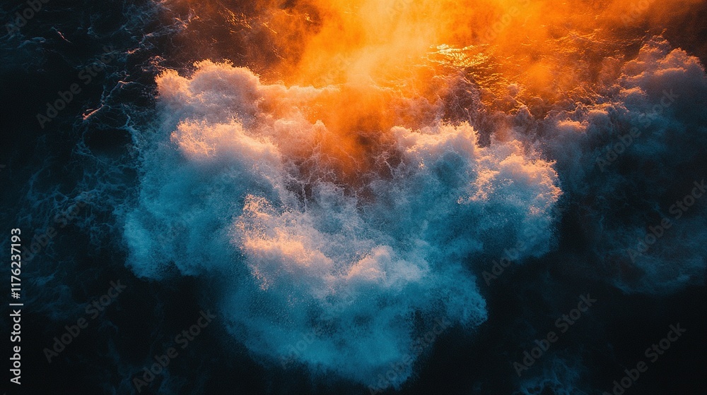 A stunning aerial view of turbulent ocean waves illuminated by vibrant colors, creating a dramatic atmosphere. A stunning aerial view of turbulent ocean waves illuminated by vibrant colors, creating a dramatic atmosphere.