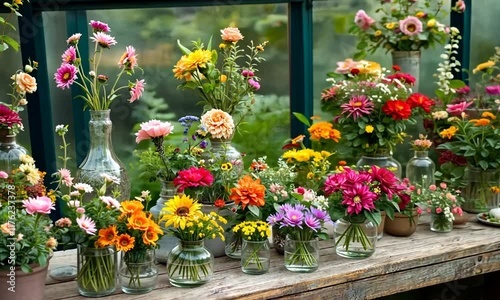 Wallpaper Mural Vintage Greenhouse Displaying Glass Vases and Colorful Flowers Serene Nature Setting Artistic Torontodigital.ca
