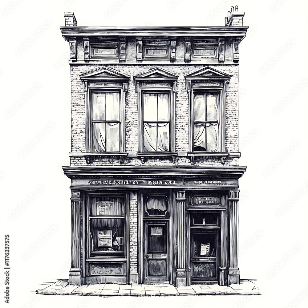 Pen and Ink Drawing of a Historic Three-Story Brick Building with Shop Fronts. Pen and Ink Drawing of a Historic Three-Story Brick Building with Shop Fronts.