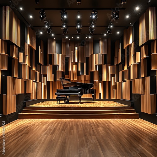 Grand Piano on a Modern Wooden Stage with Geometric Wall Panels in a Concert Hall.
