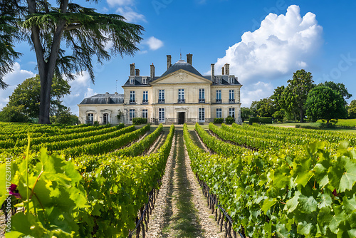 Scenic view of a prestigious winery chateau nestled among rows of grapevines in the bordeaux region, showcasing french winemaking heritage