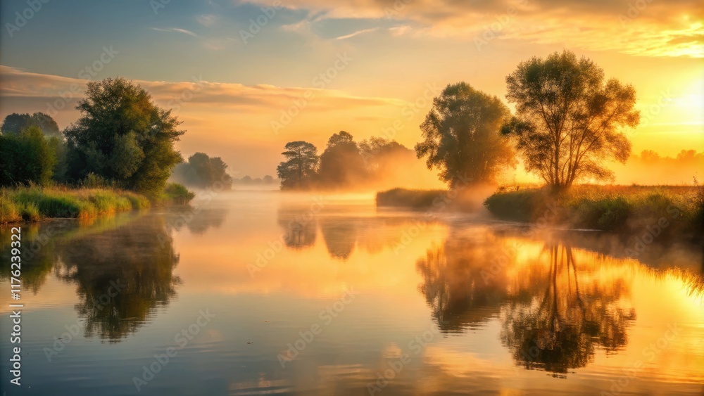 Obraz premium Soft golden light illuminates serene river landscape at dawn, with misty atmosphere and reflections on water , mist, river