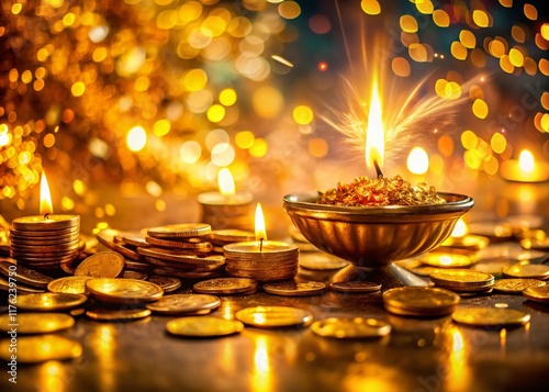 Happy Dhanteras: Long Exposure Photo of Glittering Gold Coins and Rupees photo