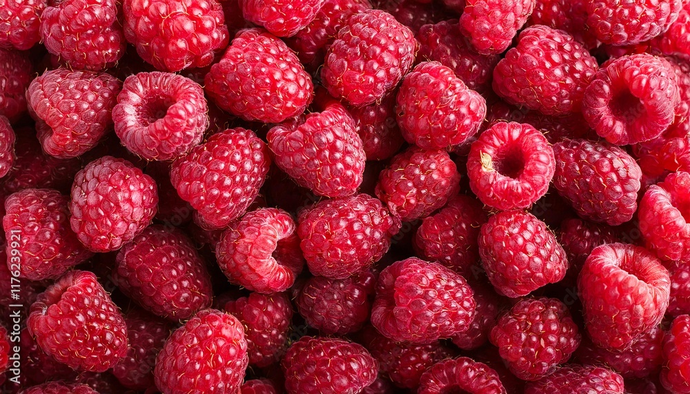 Flat Lay Top View of Bright Ripe Fragrant Red Raspberry Fruit as Background Flat Lay Top View of Bright Ripe Fragrant Red Raspberry Fruit as Background
