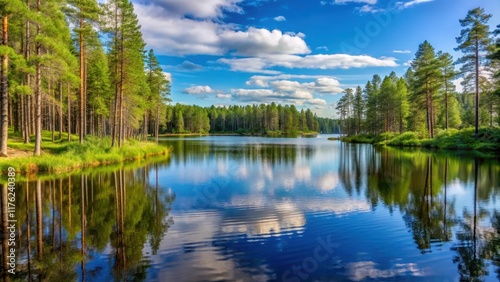 Tranquil lake in the Finnish wilderness surrounded by tall pine trees and lush greenery, Serene, Summer,  Serene,Summer