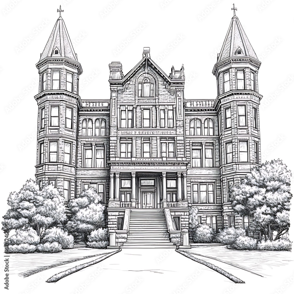 Obraz premium Architectural Sketch of a Grand Victorian-Era Mansion with Twin Towers.