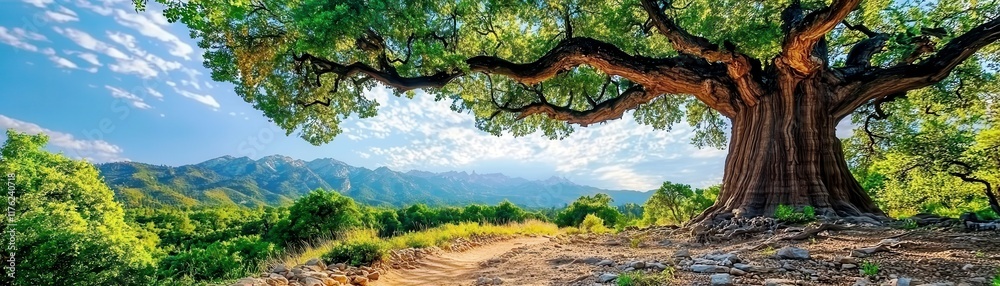 Fototapeta premium Majestic ancient tree standing alone on a hillside with vibrant green leaves against a scenic mountain backdrop under a bright blue sky