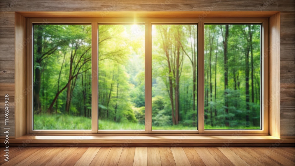 Obraz premium A wooden sliding window with a soft focus effect, set against a blurred background of trees and foliage in a forest setting , home renovation, interior design elements