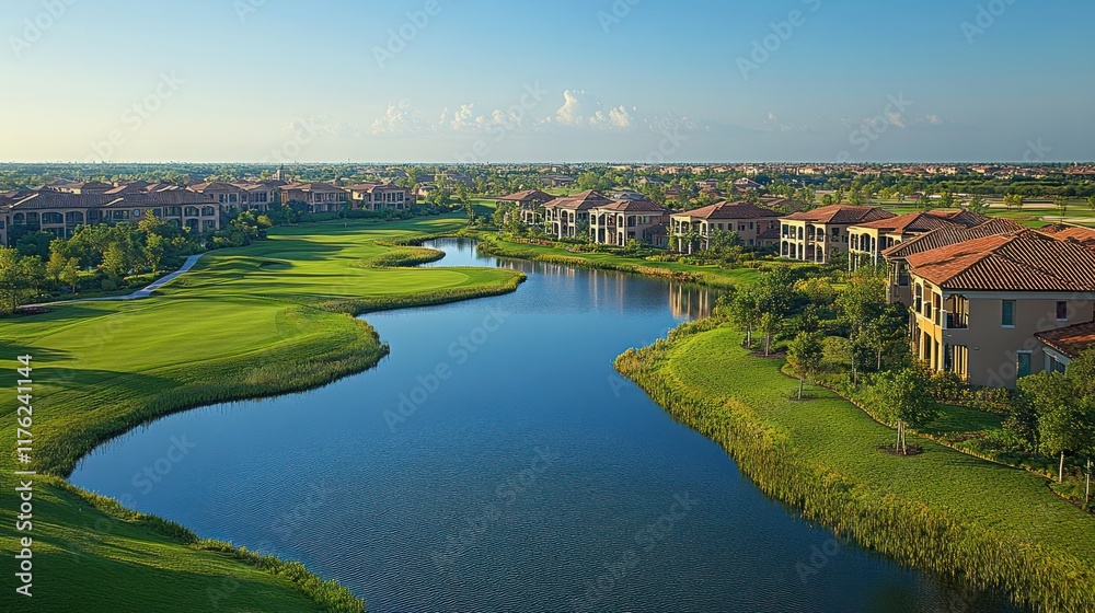 Scenic view of a golf course with water features and residential buildings in a lush landscape. Scenic view of a golf course with water features and residential buildings in a lush landscape.