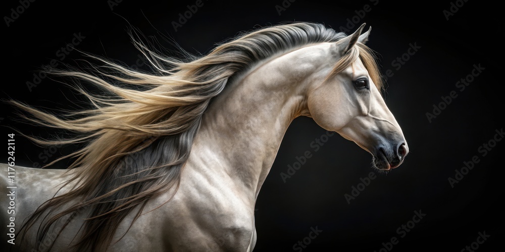 Andalusian horse on black background with elegant neck and flowing mane , DarkEquine Andalusian horse on black background with elegant neck and flowing mane , DarkEquine