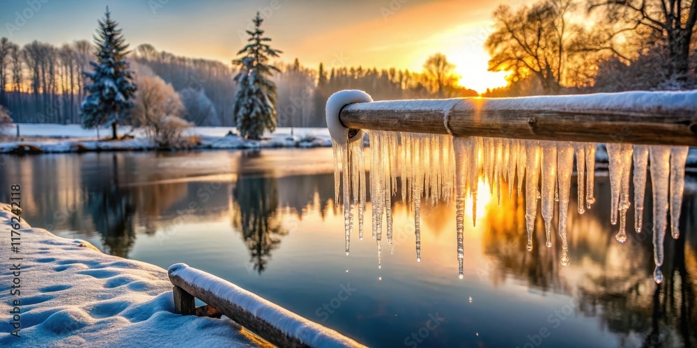 Fototapeta premium Frosty mornings with icicles hanging from a metal pipe on a rustic wooden fence, set against a serene winter landscape with snow-covered trees and frozen pond , frosty morn, metal pipe
