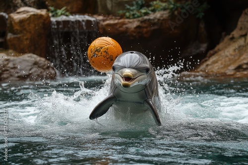 Playful dolphin leaps from water, catching orange ball. Image ideal for marine life, fun, or animal training themes. photo