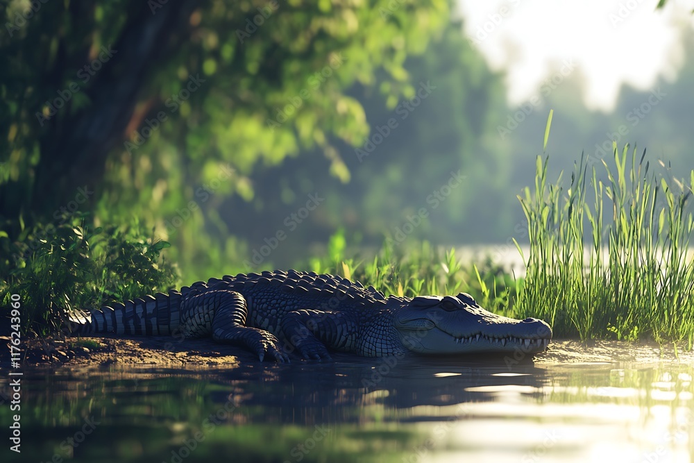 Serene Sunset: A Crocodile's Rest by the River Serene Sunset: A Crocodile's Rest by the River