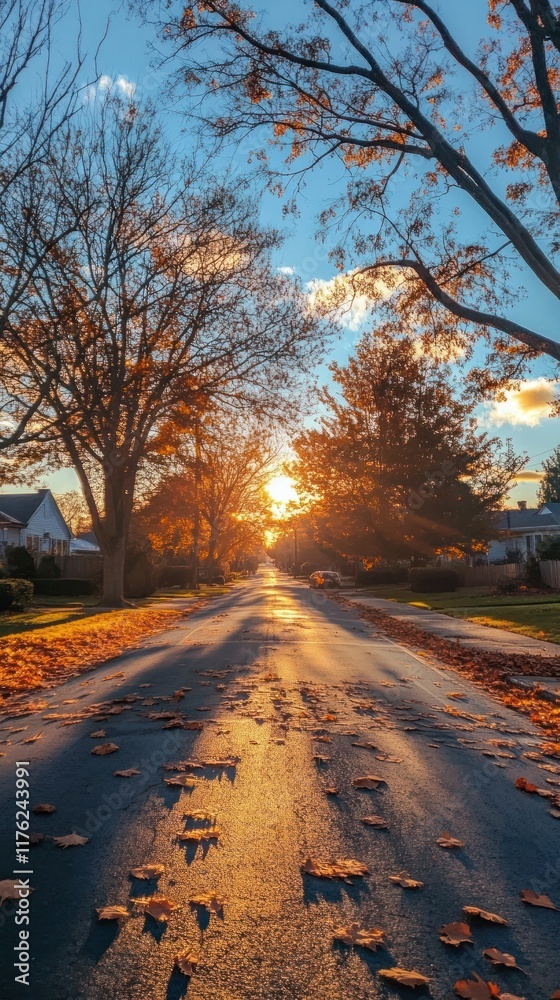 Idyllic autumn landscape with a quiet residential road lined with colorful trees and bathed in the warm glow of the setting sun The path leads into the distance Idyllic autumn landscape with a quiet residential road lined with colorful trees and bathed in the warm glow of the setting sun The path leads into the distance