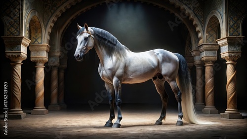Elegant Andalusian horse standing alone on a dark, mysterious, and ornate black background, with subtle hints of Spanish architecture in the shadows, Black Background, Horse Stallion