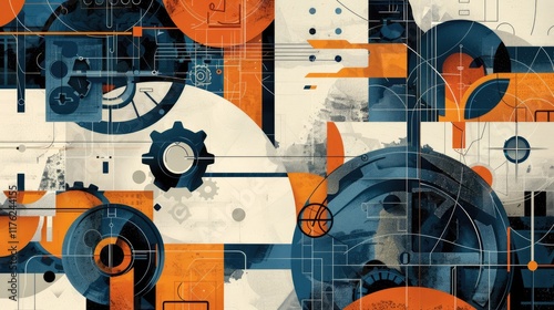 Abstract geometric design featuring gears and circles in blue, orange, and cream tones. photo