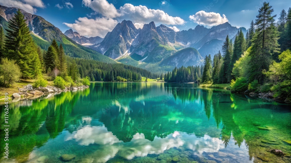 Fototapeta premium serene alpine lake surrounded by towering mountain peaks and lush greenery, tranquility, peaceful, tranquility