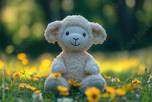 A plush sheep toy sits among vibrant yellow flowers in a sunlit field.