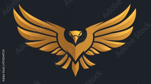 Golden eagle emblem with spread wings, dark background. photo