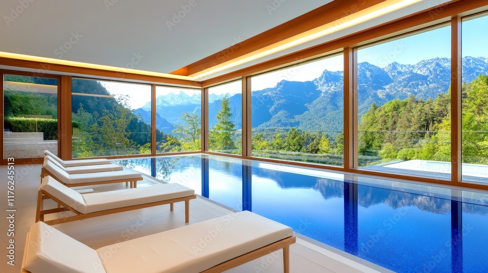 Fototapeta premium Modern indoor pool with mountain views, promoting relaxation and leisure.