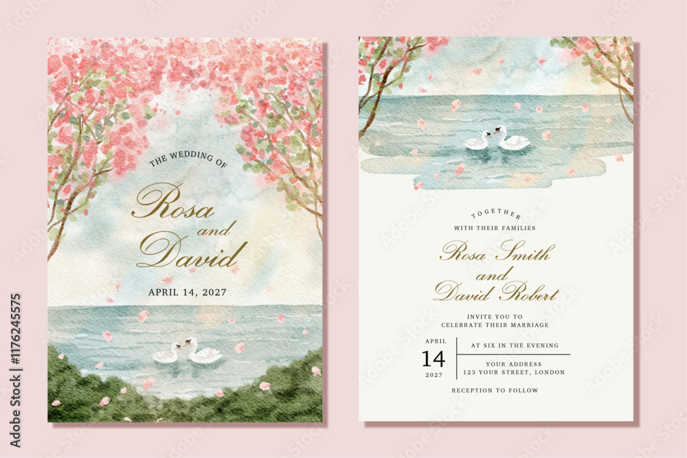 wedding invitation with illustration of couple swan on the lake during spring season