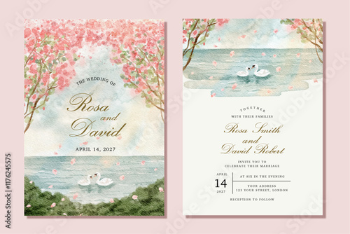 wedding invitation with illustration of couple swan on the lake during spring season