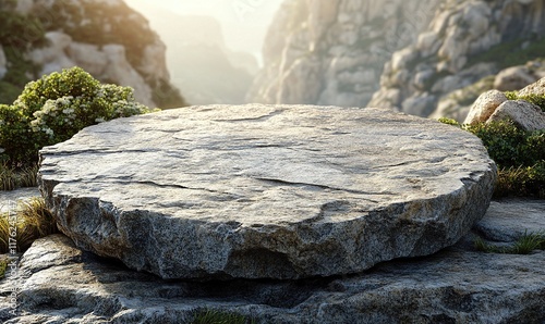 A large, flat stone table set in a natural landscape with rocky formations and greenery.