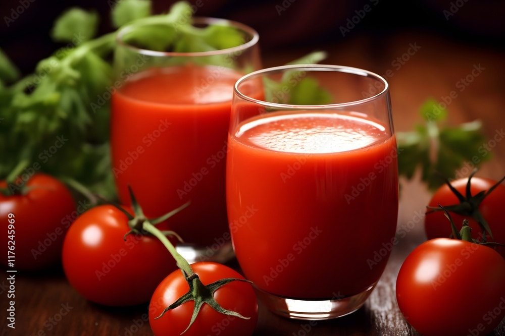 Tomato juice in a glass and fresh tomatoes on a wooden table Tomato juice in a glass and fresh tomatoes on a wooden table