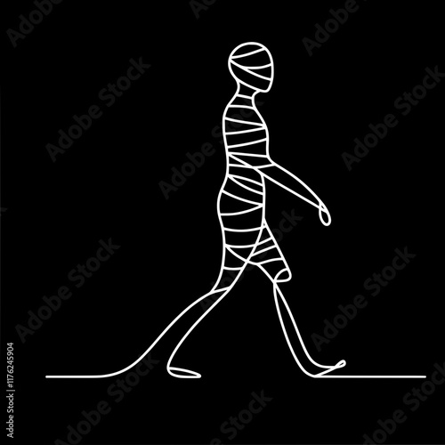 Abstract line art of a walking person on black background, single line vector outline drawing