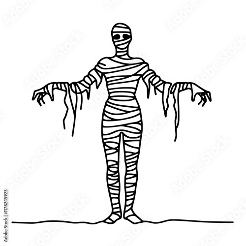 Line art of wrapped mummy with outstretched arms: halloween theme, single line vector outline drawing